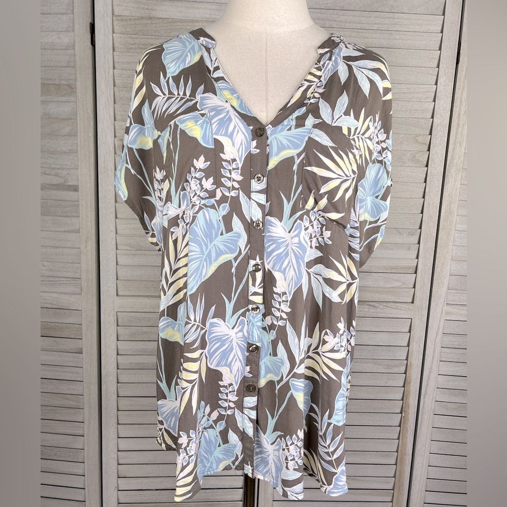 TORRID Button Down Tropical Print Blouse Taupe/Multi-0X